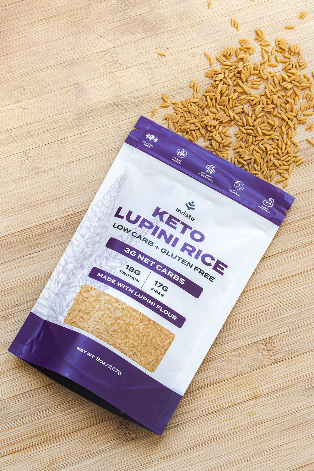 Aviate packaging front-view highlights lupin-based ingredients and gluten-free promise.