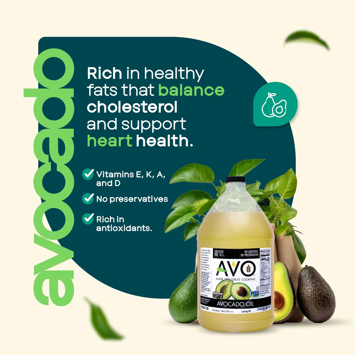 AVO Bulk Avocado Oil glass bottle pictured for versatile dressings and sautéing.