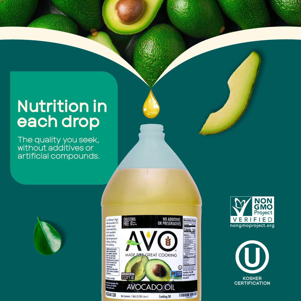 AVO Bulk Avocado Oil high smoke point graphic suitable for searing and frying.