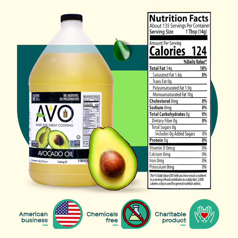 AVO Bulk Avocado Oil label closeup showing origin and clean processing.
