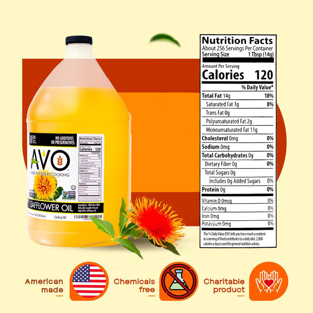 AVO High Oleic Safflower Oil bulk 1gal bottle demonstrates easy pour for high-heat cooking