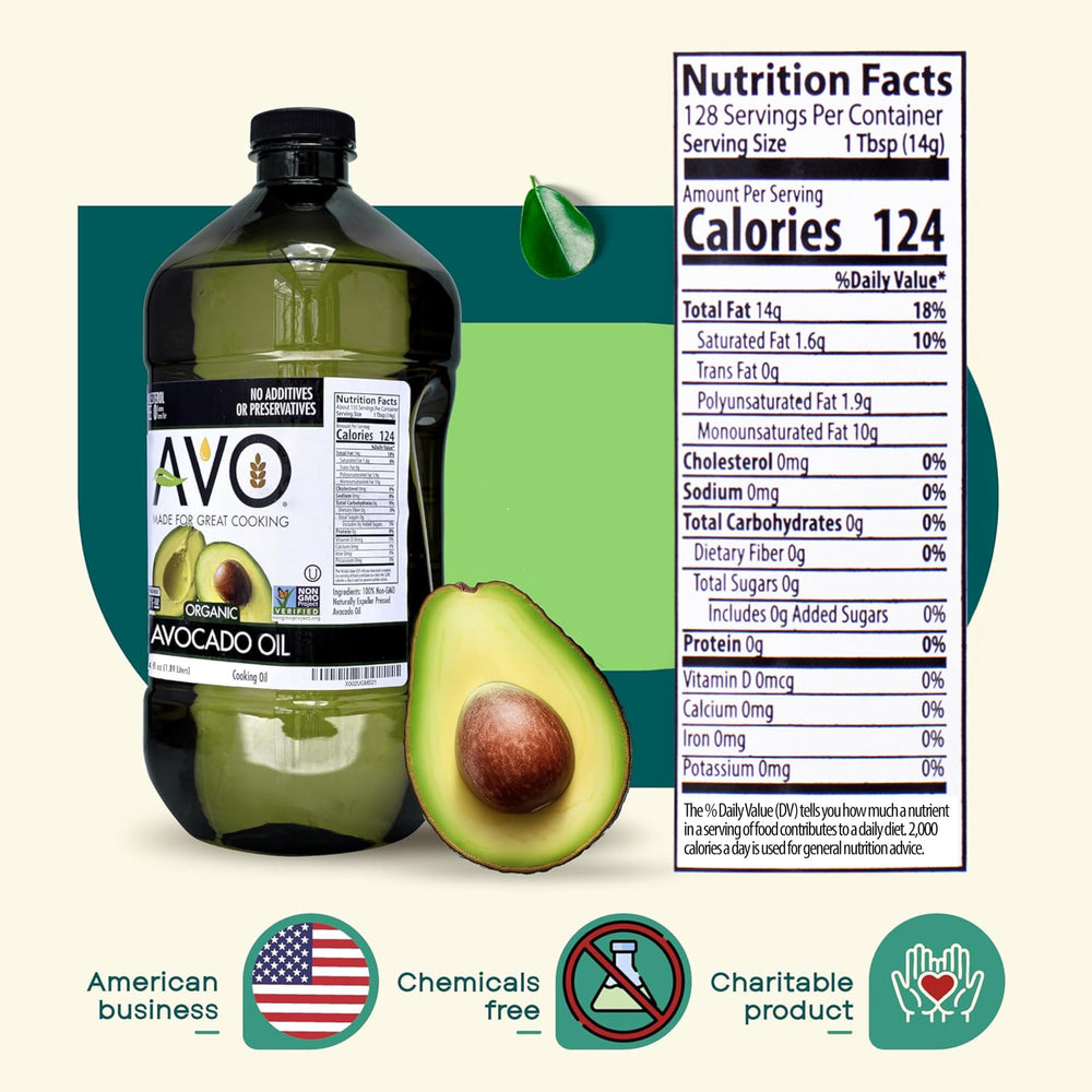 AVO Organic Avocado Oil bottle front showing USDA Organic certification.