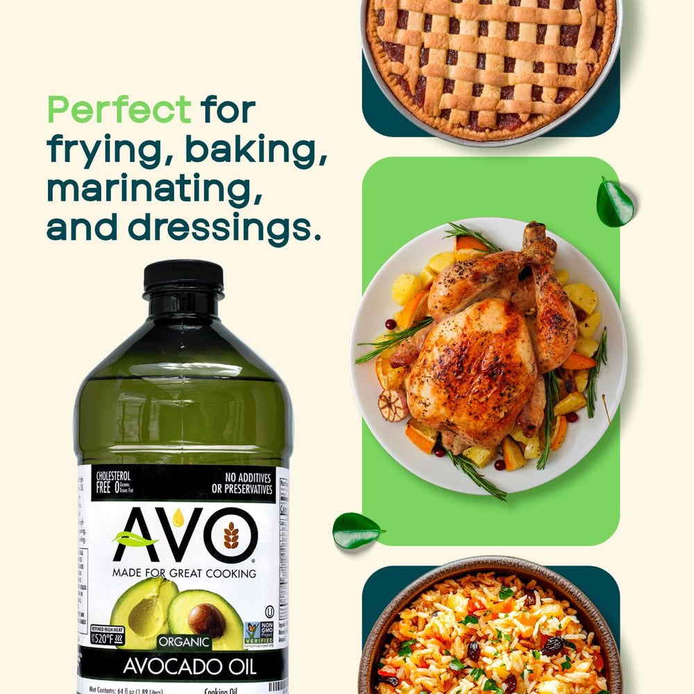 AVO Organic Avocado Oil bottle on kitchen counter with measuring spoons.