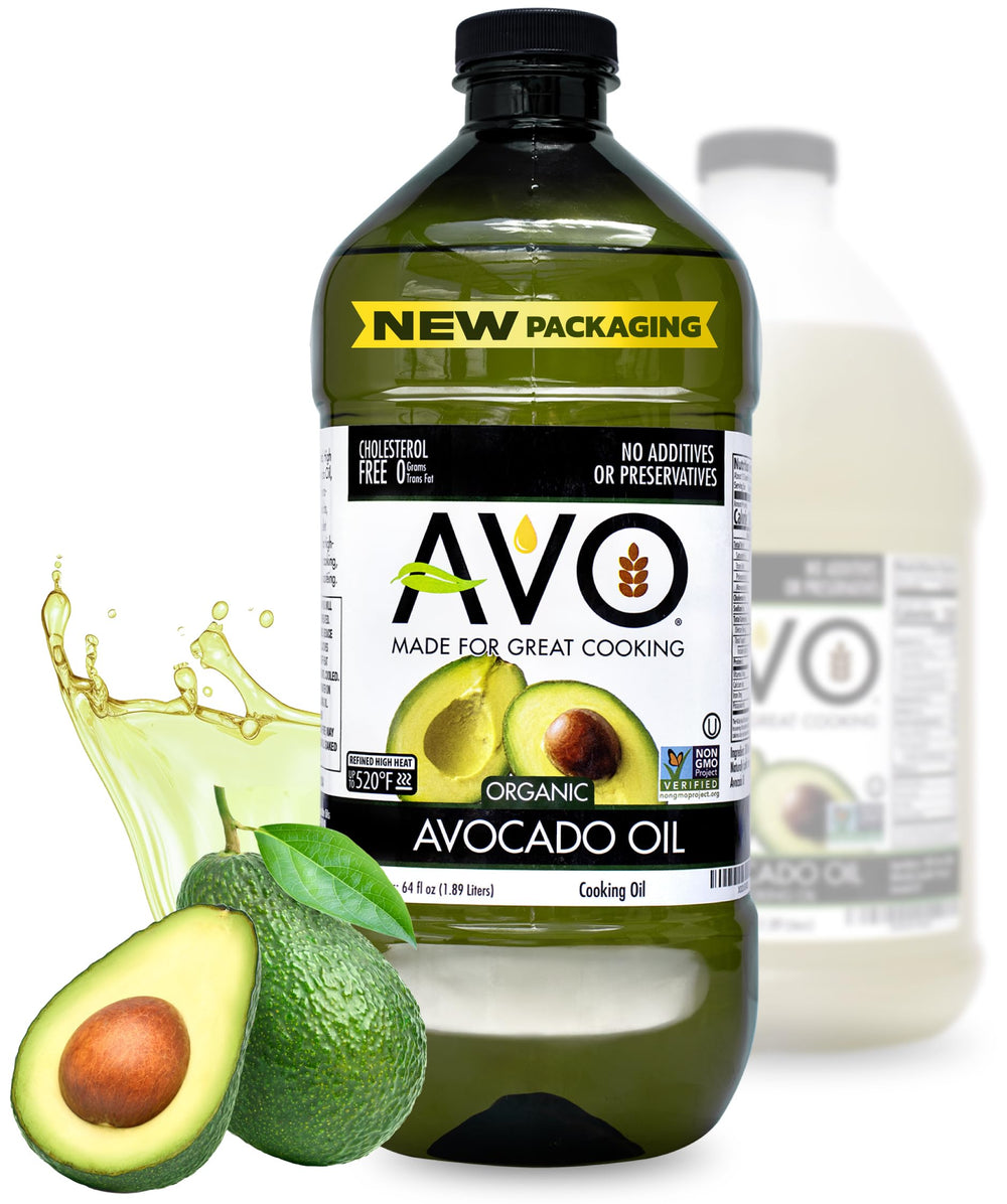 AVO Organic Avocado Oil pouring from bottle for high-heat cooking.