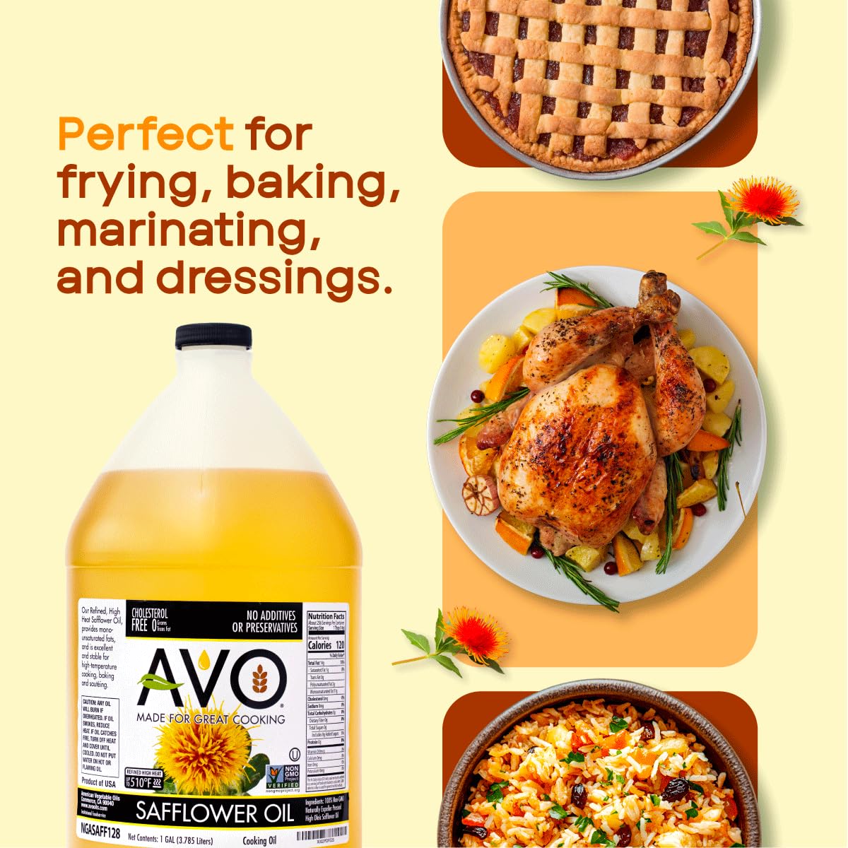 AVO safflower oil kitchen setup showcases versatility for frying and roasting