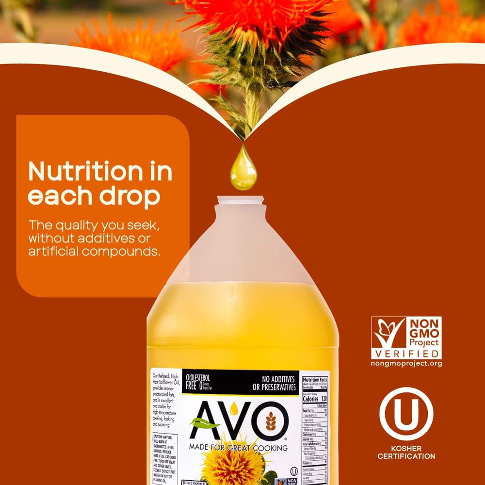 AVO safflower oil Non-GMO stamp conveys verified quality