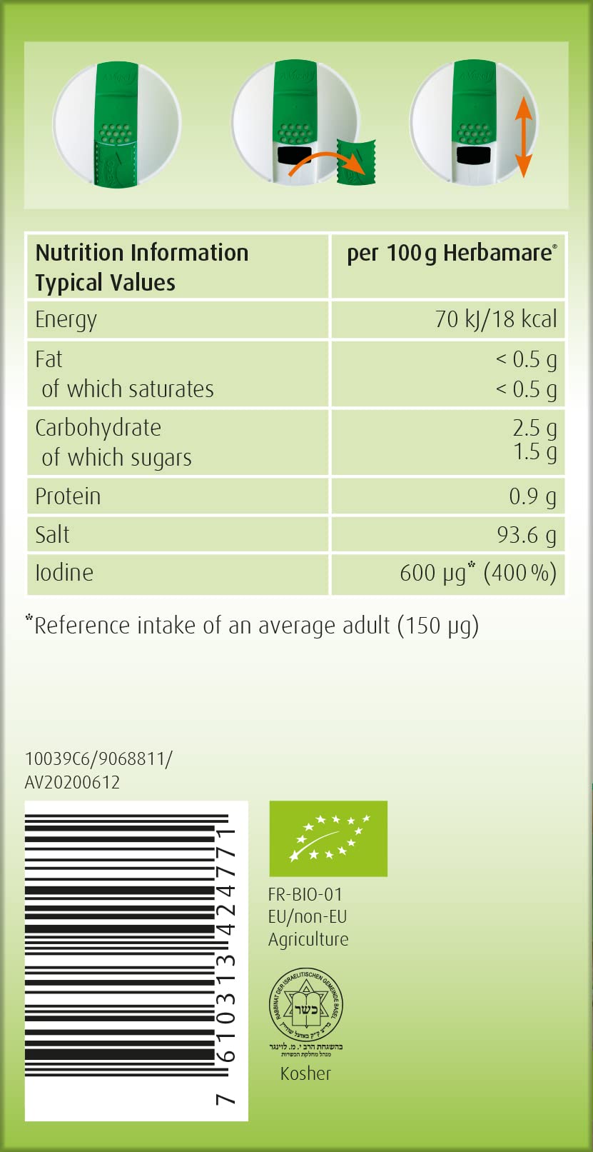 Close-up of Herbamare Original label highlighting organic ingredients