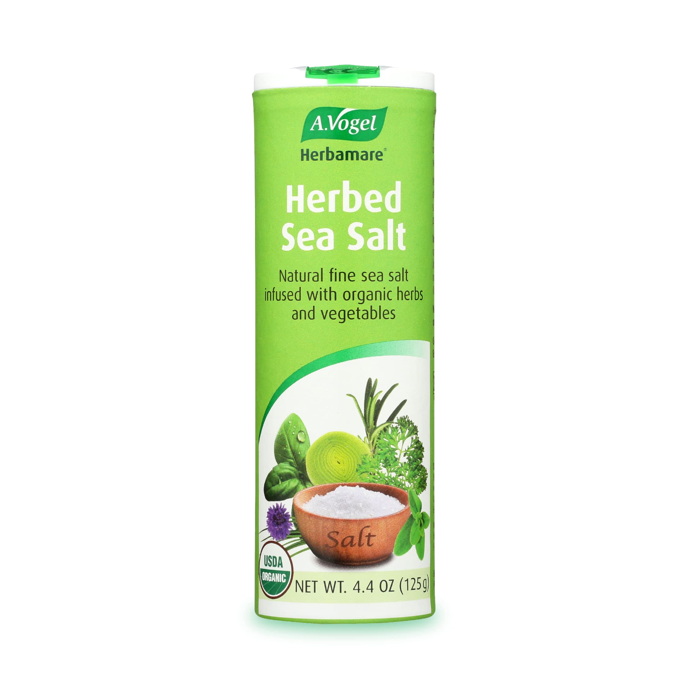 A.Vogel Herbamare seasoning bottle shows organic sea salt blend for flavorful, healthier meals.