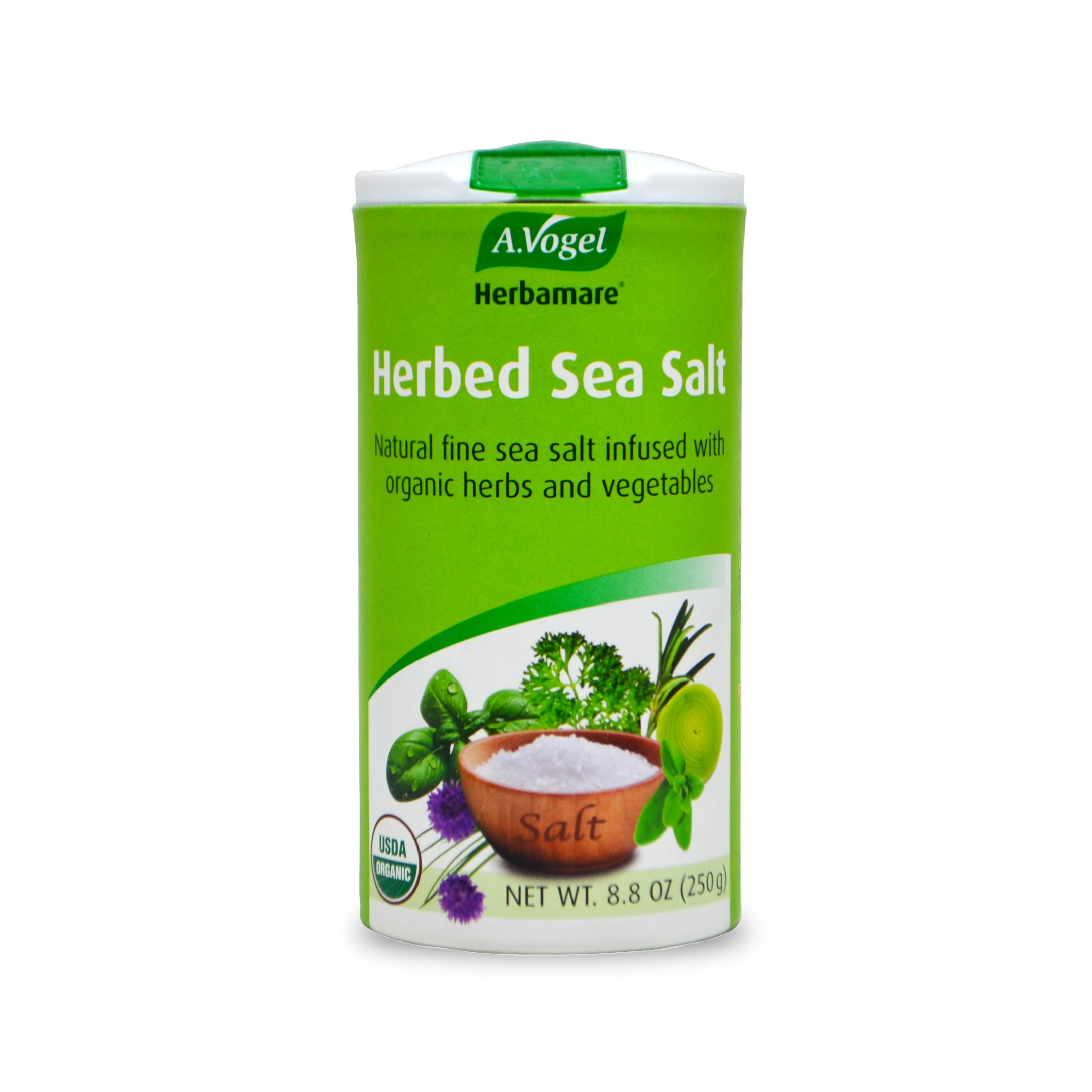 A.Vogel Herbamare seasoning salt jar label highlighting USDA Organic certification