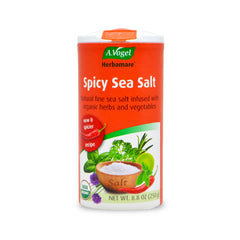 A.Vogel Herbamare Spicy Sea Salt bottle on kitchen counter, convenient seasoning.