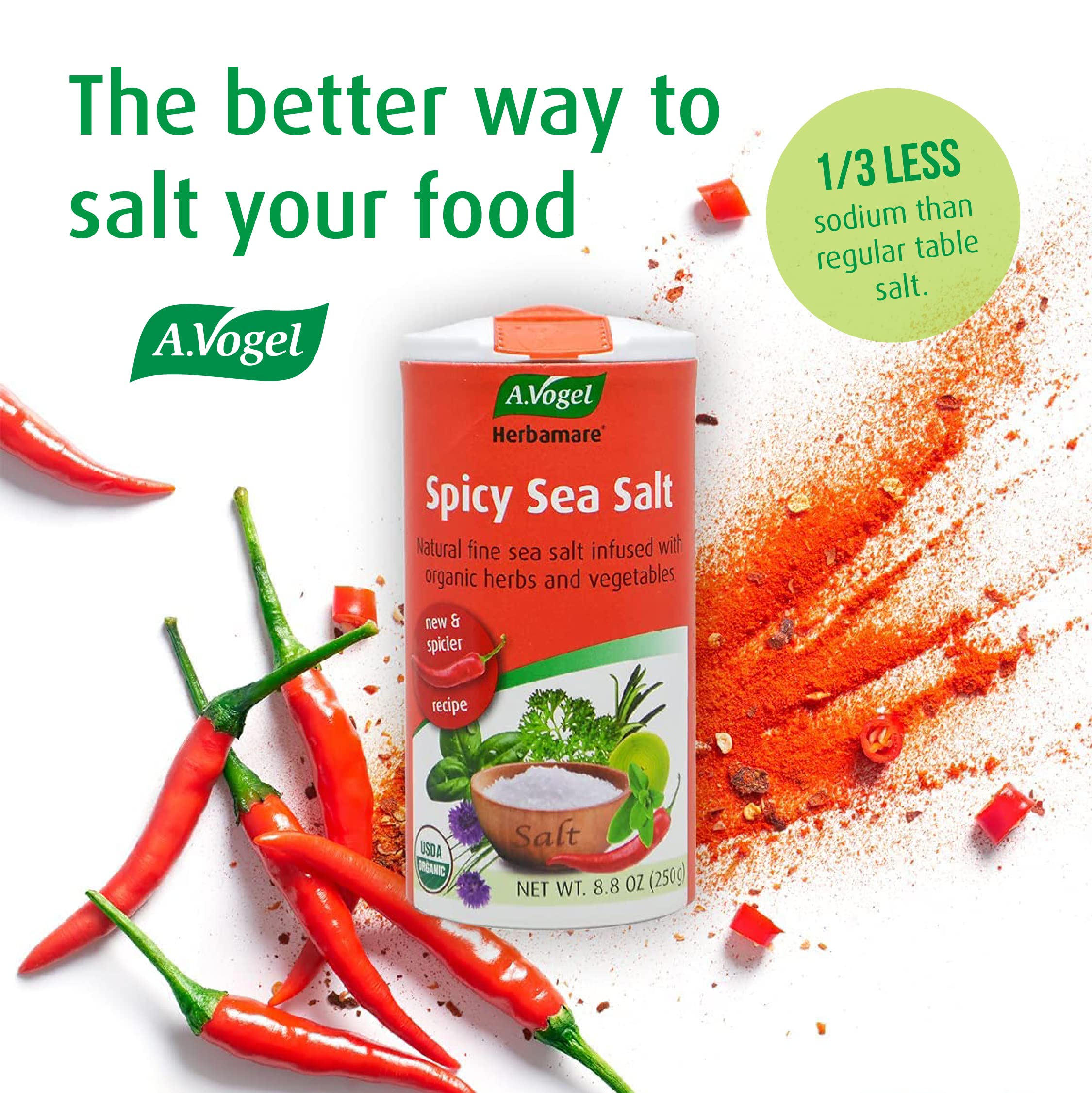 A.Vogel Herbamare Spicy Sea Salt packaging closeup highlighting organic certification.