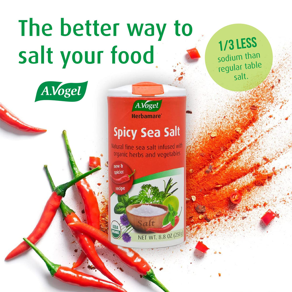 A.Vogel Herbamare Spicy Sea Salt packaging closeup highlighting organic certification.