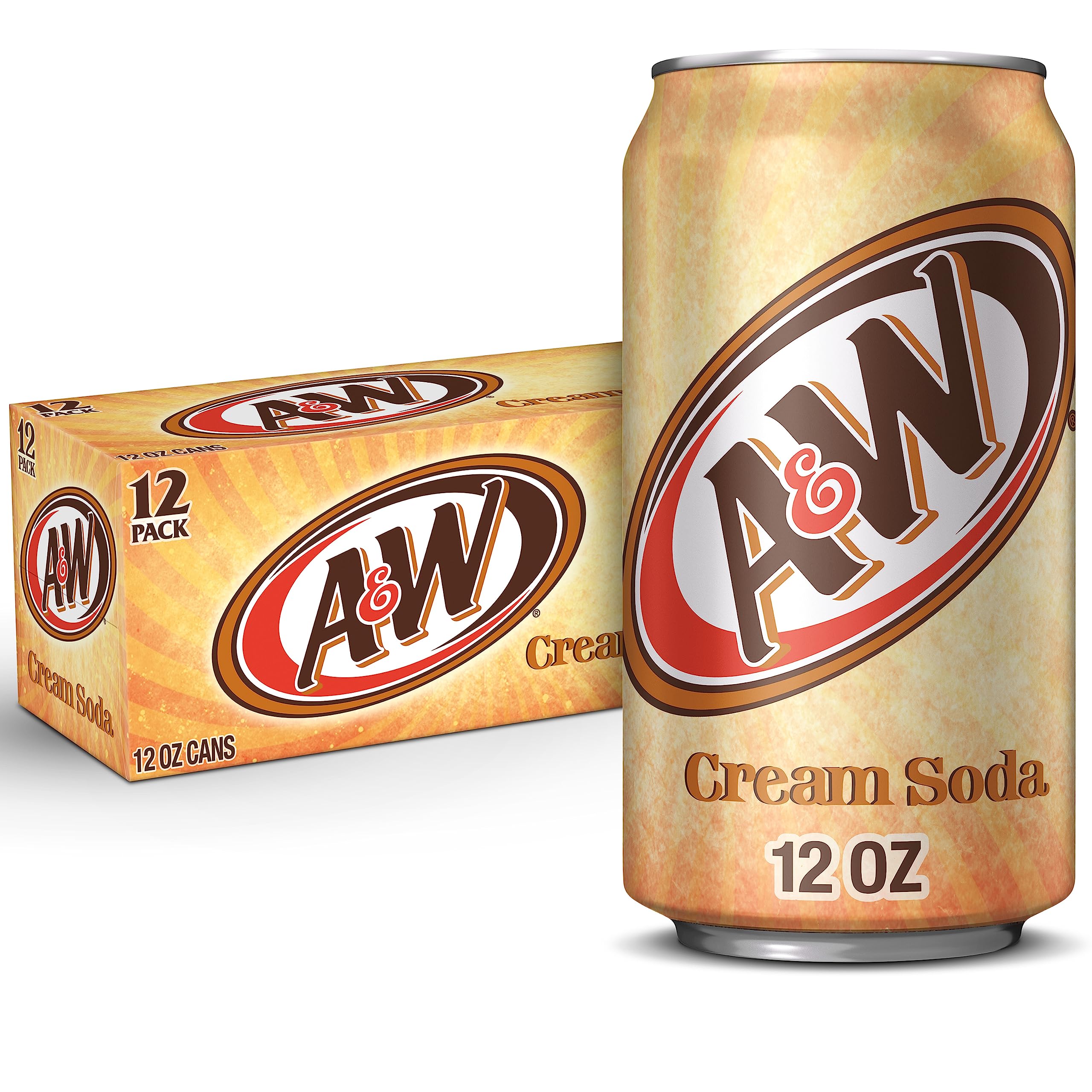 A&W Cream Soda 12oz can with classic vanilla flavor for any occasion.