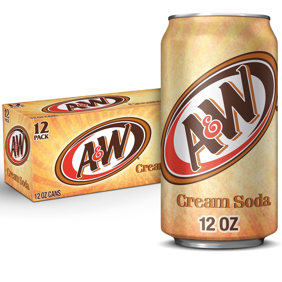 A&W Cream Soda 12oz can with classic vanilla flavor for any occasion.
