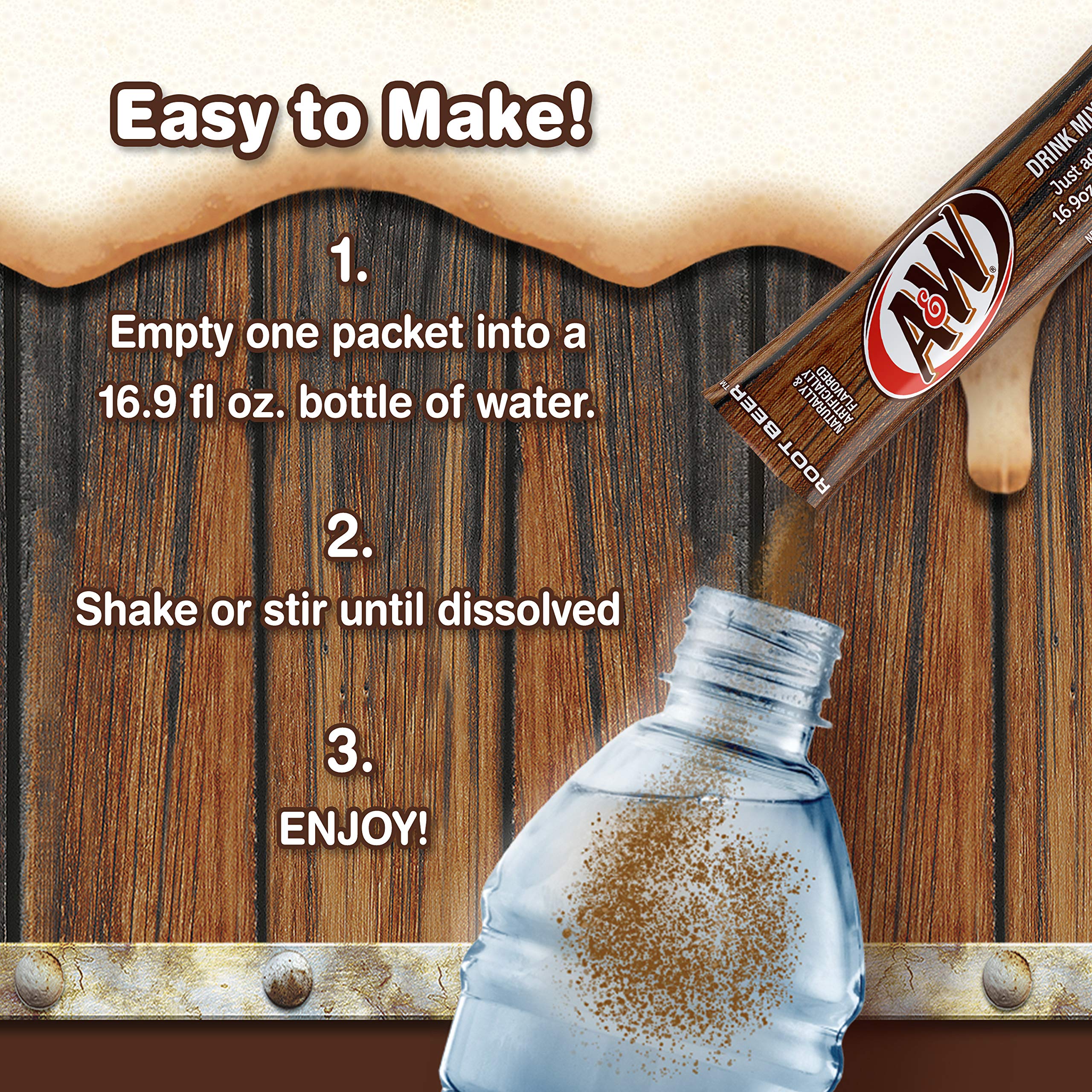Family-friendly hydration with A&W Root Beer powder mix packaging.