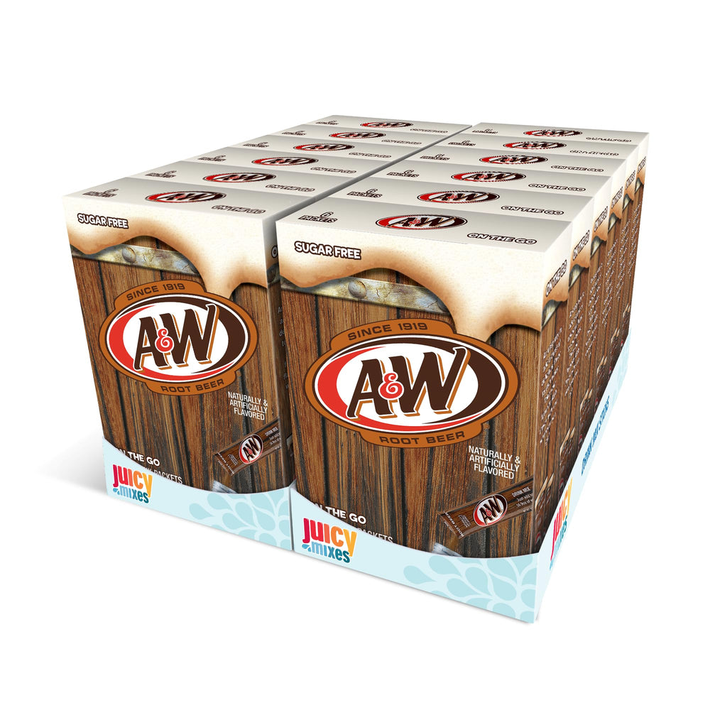 A&W Root Beer powder mix boxes ready for hydration and flavor.