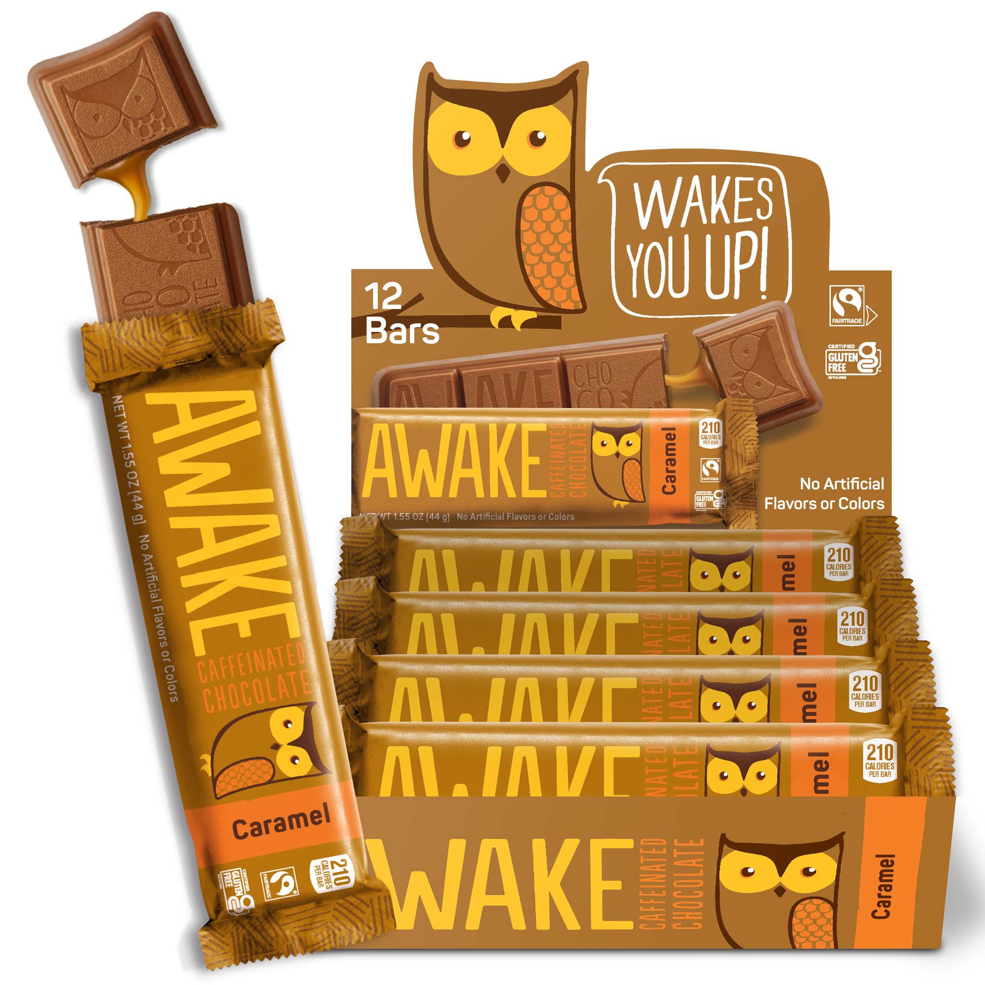 AWAKE caramel milk chocolate bar with caffeine boost for quick energy.