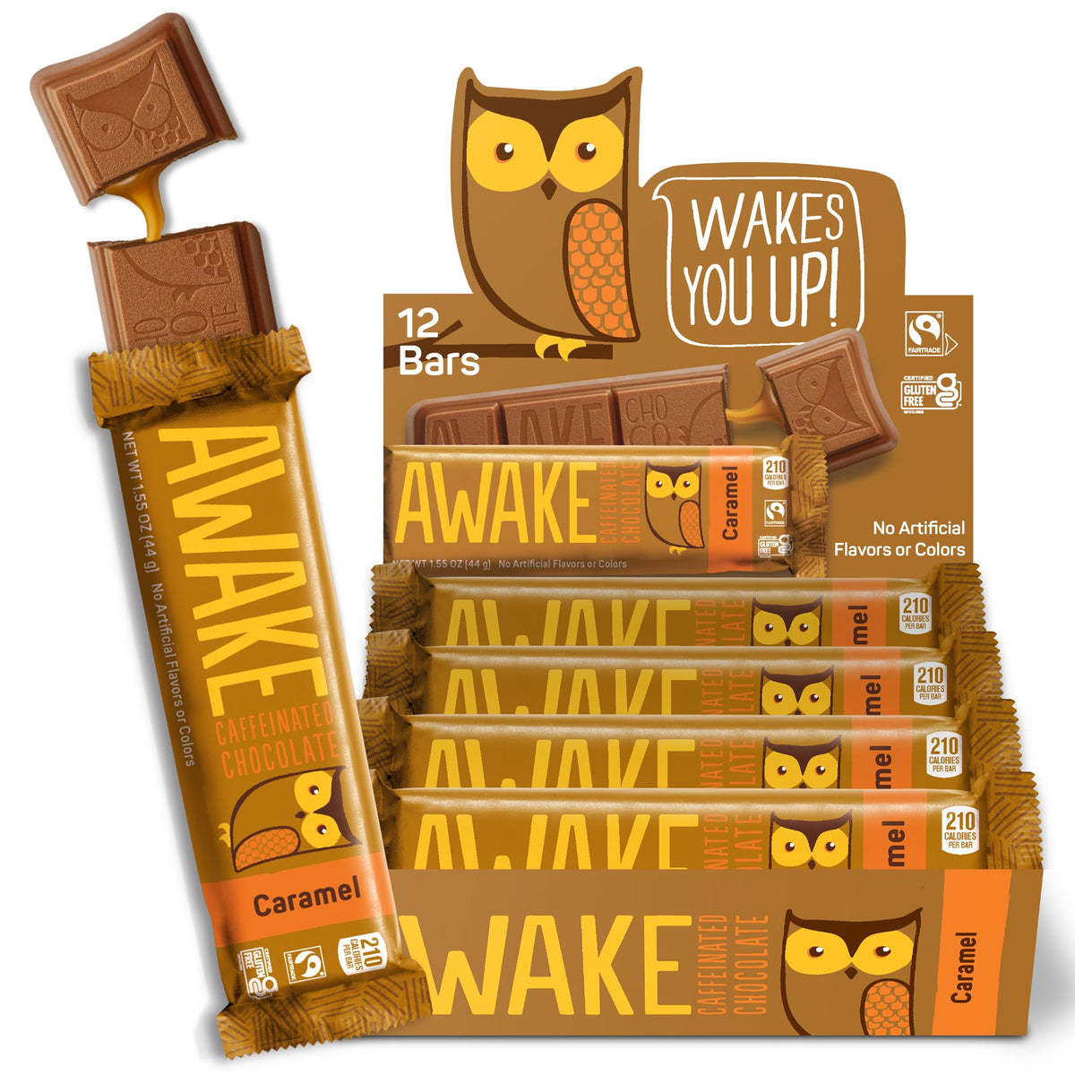 AWAKE caramel milk chocolate bar with caffeine boost for quick energy.