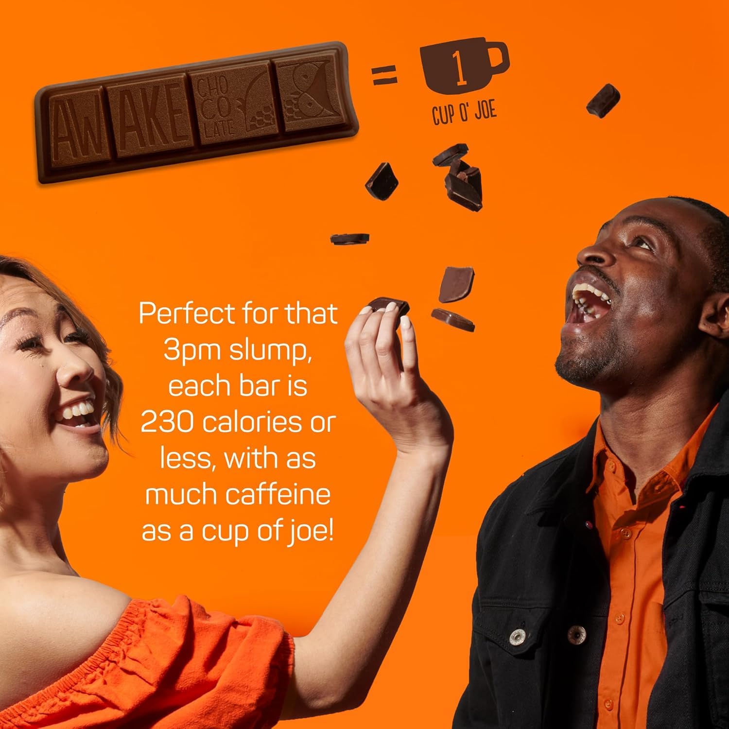 Awake Caffeinated Chocolate Bars feature fairtrade, gluten-free, non-GMO, kosher ingredients
