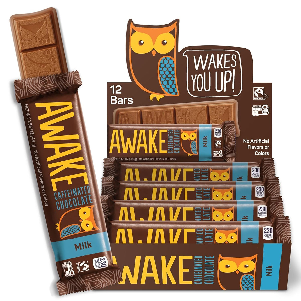 Awake Caffeinated Chocolate Bars milk chocolate pack highlights convenient, caffeinated snacking