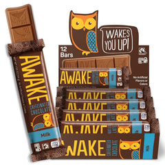 Awake Caffeinated Chocolate Bars milk chocolate pack highlights convenient, caffeinated snacking