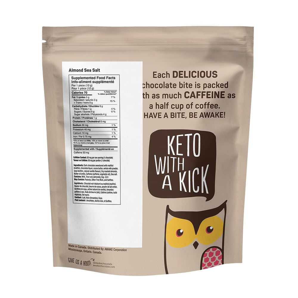 AWAKE Caffeinated Chocolate Bites almond sea salt-detail emphasizes flavor.
