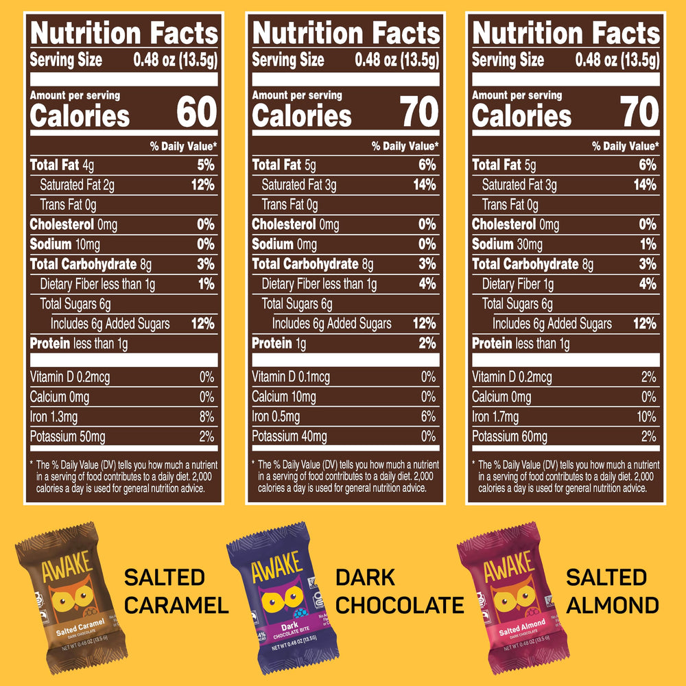 Close-up of AWAKE bites showing dark chocolate and caffeine boost.