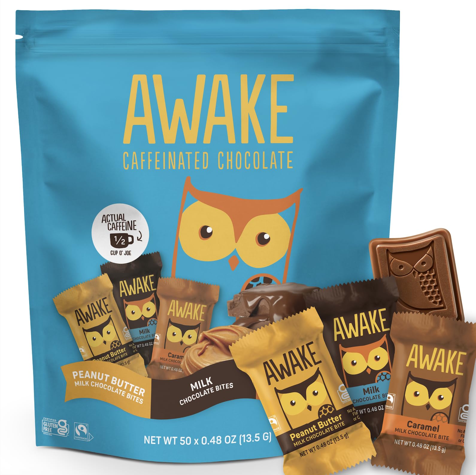 AWAKE Caffeinated Chocolate bites caramel closeup for a flavorful energy boost on the go.