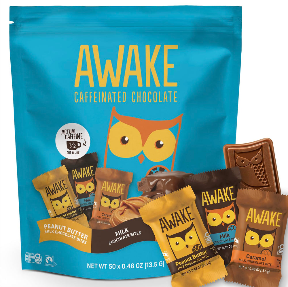 AWAKE Caffeinated Chocolate bites caramel closeup for a flavorful energy boost on the go.