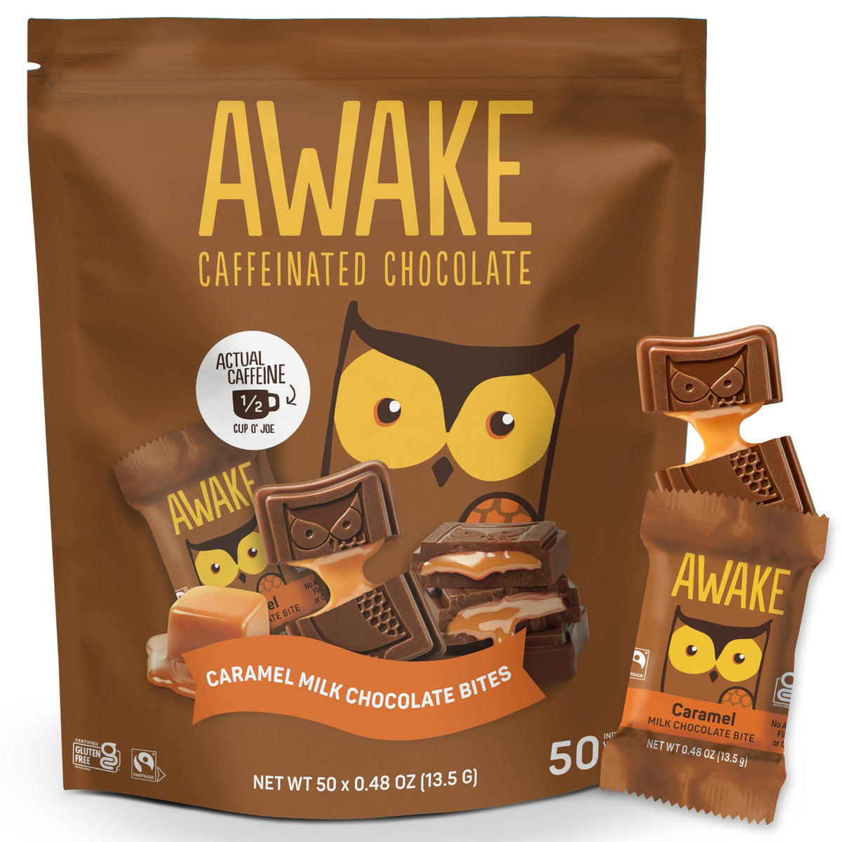 AWAKE Caramel Milk Chocolate Bites in wrappers for on-the-go energy.
