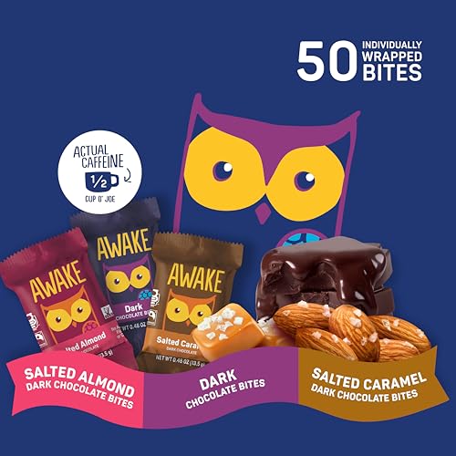 Three flavor lineup of AWAKE Caffeinated Chocolate Bites: dark, salted caramel, salted almond.