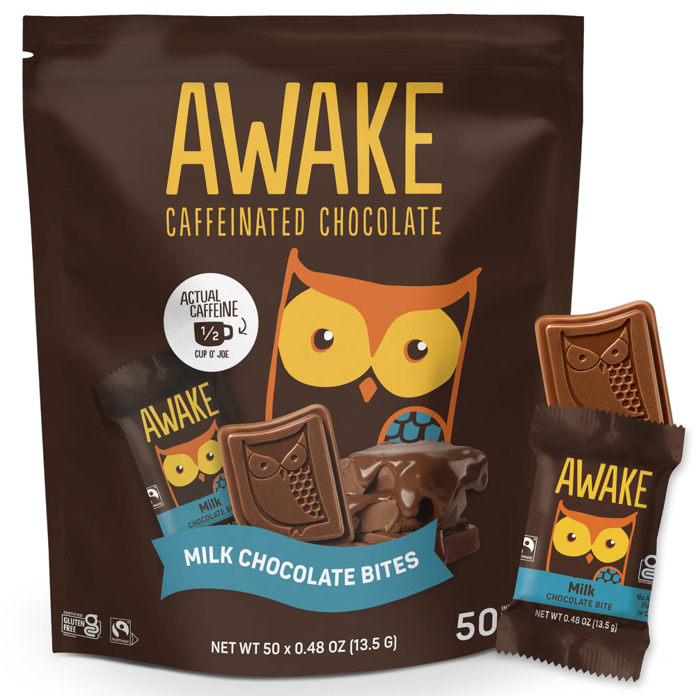 AWAKE Caffeinated Chocolate Bites packaging for grab-and-go energy.