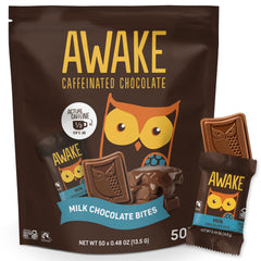 AWAKE Caffeinated Chocolate Bites packaging for grab-and-go energy.
