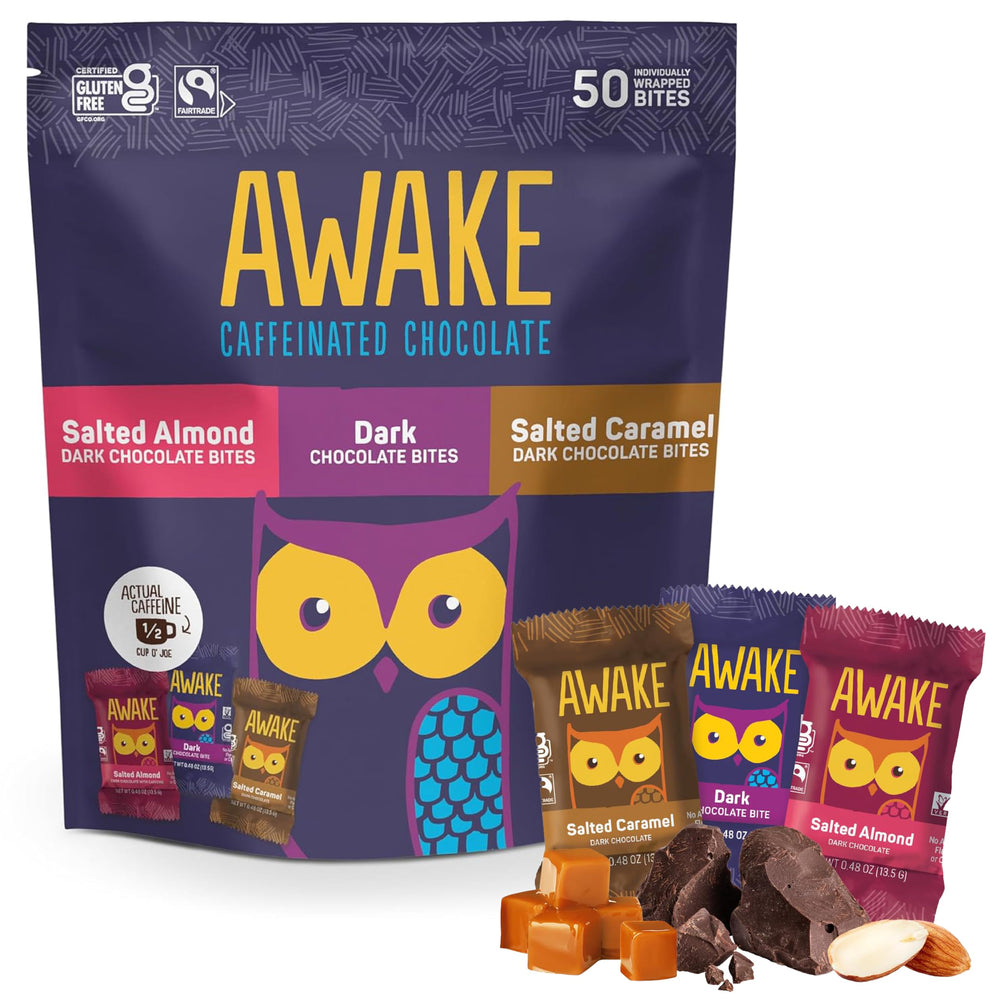 AWAKE Caffeinated Chocolate Bites pack front for on-the-go energy and variety.