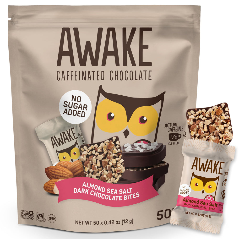 AWAKE Caffeinated Chocolate Bites packaging highlights keto and gluten-free features.