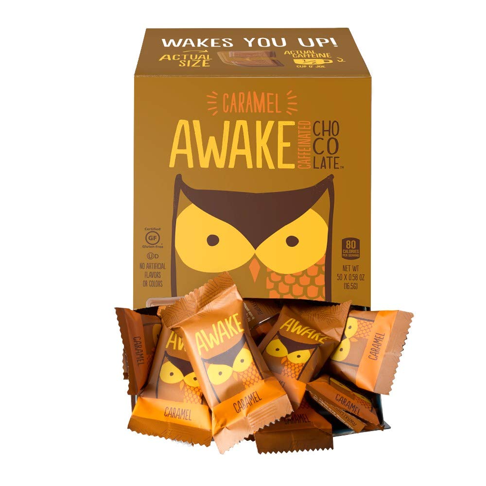 AWAKE Caffeinated Chocolate Bites packaging shows portable energy for busy days.
