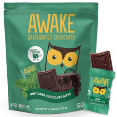 Awake Mint Dark Chocolate Bites pack, convenient single-serve energy on the go.
