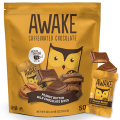 AWAKE Peanut Butter Milk Chocolate Bites pack for on-the-go energy.