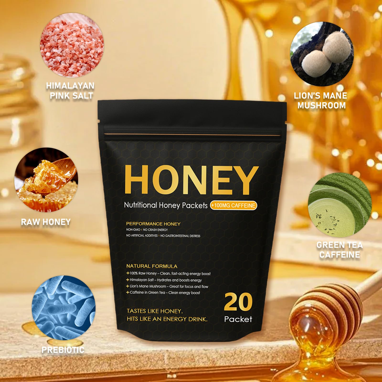 Awjsde Nutrition Honey Packets green tea caffeine imagery for natural energy lift.