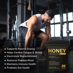 Awjsde Nutrition Honey Packets stick in hand for on-the-go fueling.