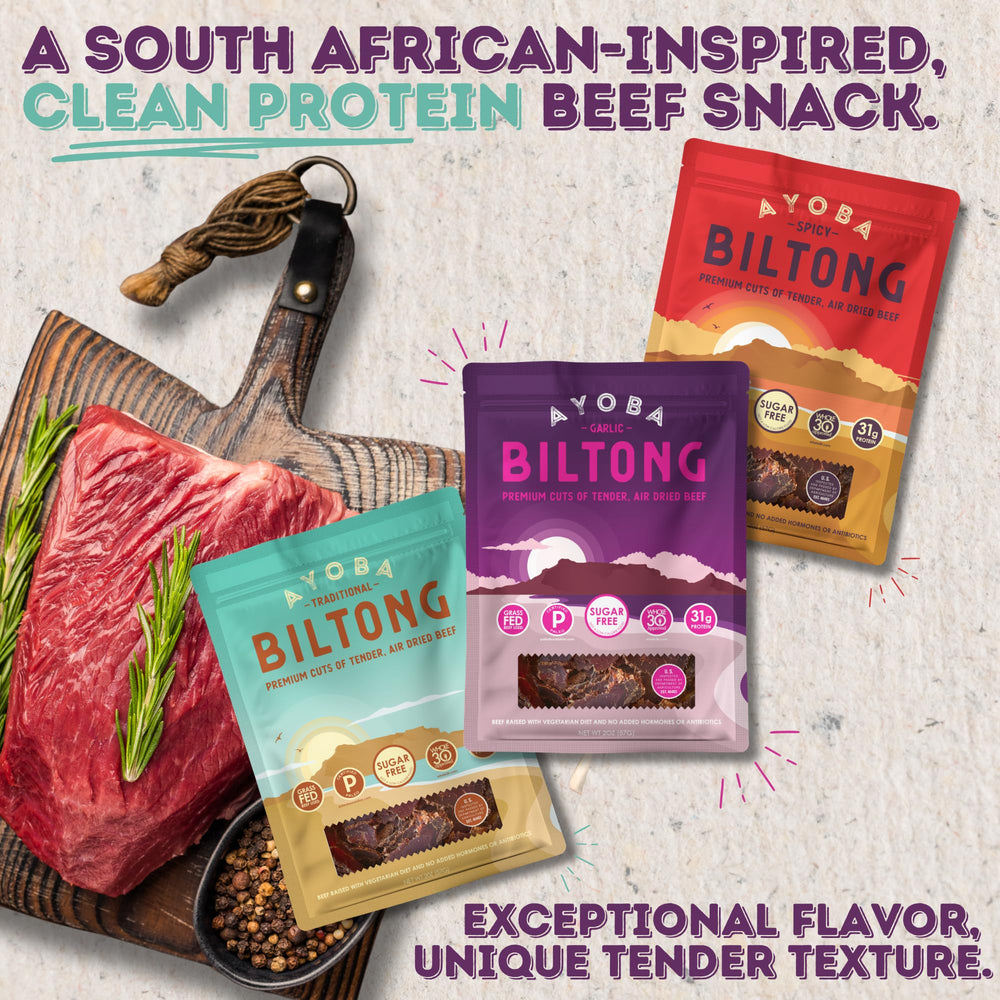 Ayoba biltong slices nutrition label emphasizing protein and ingredients