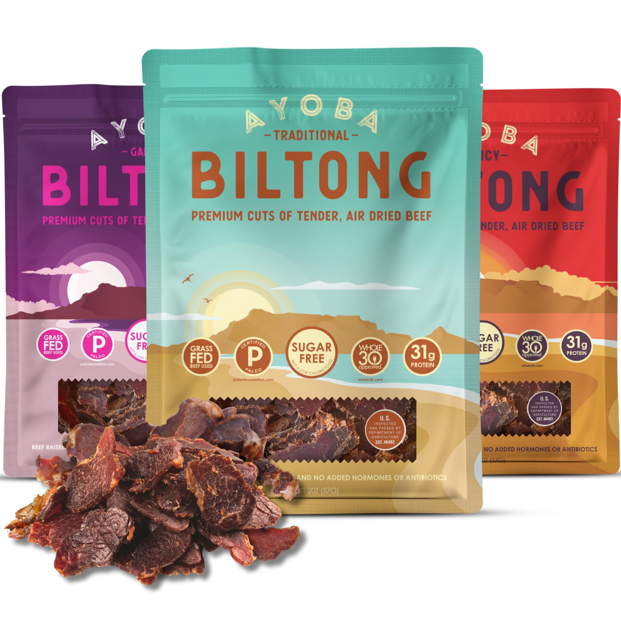Ayoba grass-fed biltong slices variety pack front showing packed product for on-the-go protein