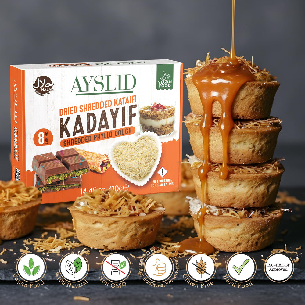 Golden toasted kataifi provides crispy toppings for chocolate desserts