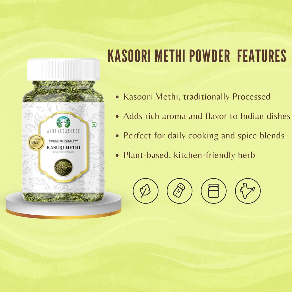 Ayurvedashree Kasuri Methi jar sits on kitchen counter ready for use.