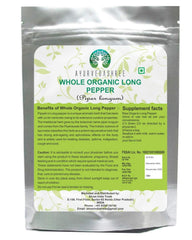AYURVEDASHREE whole long pepper pack back, preserves freshness for daily spice use.