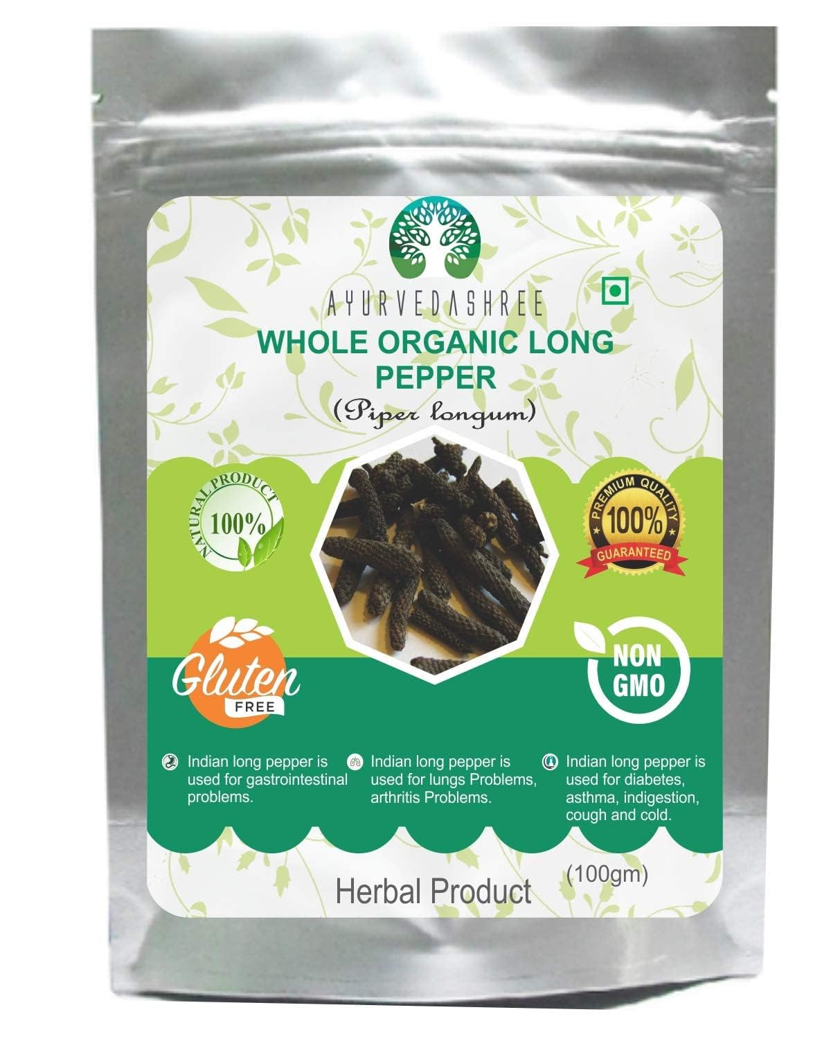 AYURVEDASHREE whole long pepper pack front, adds rich, aromatic heat to curries.