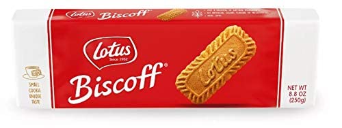 Azeko Lotus Biscoff cookies beside a mug and saucer for coffee pairing.