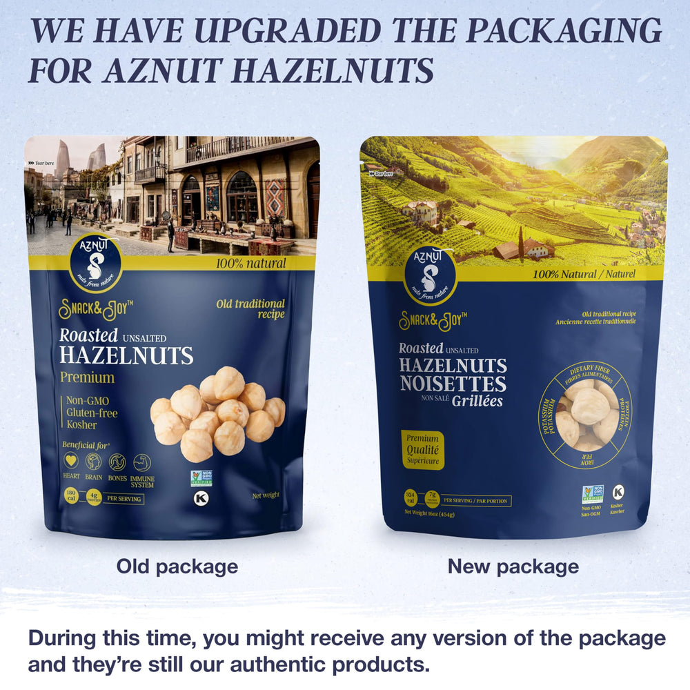 AZNUT hazelnuts in resealable bag preserving freshness and convenience.