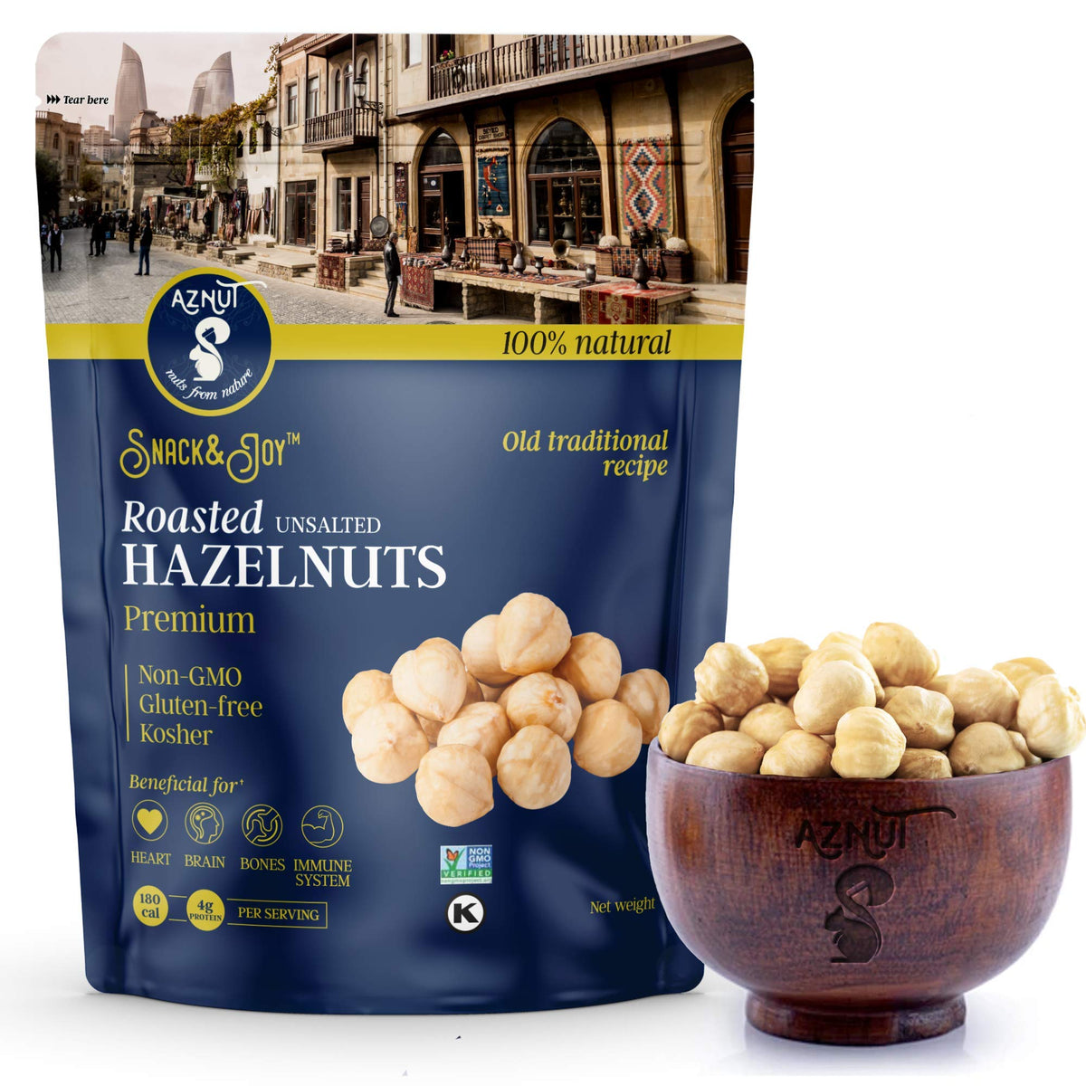 AZNUT roasted hazelnuts no skins, ideal for snacking and baking.
