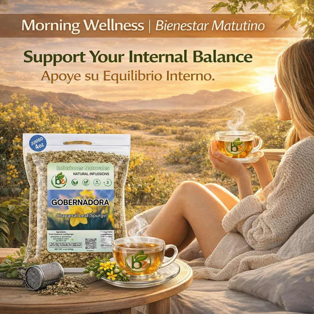 B-Experts Gobernadora dried leaves close-up emphasizes natural, caffeine-free infusion for mindful sipping.
